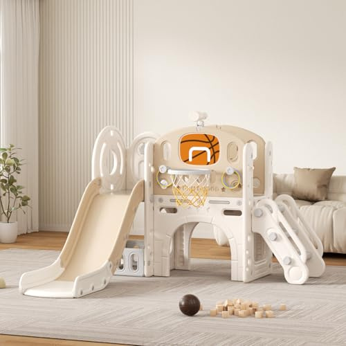 Tobogán para Niños Pequeños con Escalera: Zona de Juegos Interior y Exterior con Caja de Almacenamiento Túnel Escalera Aro de Baloncesto y Zona de Paso Tobogán de Jardín (Star Set-F-Brown)