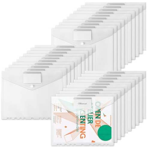 30 Pezzi A4 Tasche Perforate Espandibili, Formato con 11 Fori per Raccoglitori, Custodia Per Documenti in Plastica Trasparente A4 con Bottoni Automatici ed Etichetteper Casa Ufficio Scuola