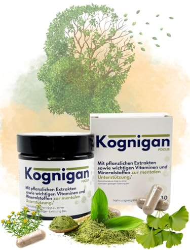 Kognigan Focus Supplements - Gehirn Kapseln - Brain Booster für Konzentration-, Gedächtnis- & mentale Unterstützung - Mikronährstoff-Präzision mit Pflanzenextrakten & Vitaminen
