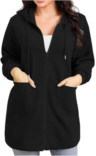 KUIH Zip Up Hoodie Women Fleece Longline Hoodie Plain Hooded Sweatshirts Full Zip Fleece Jackets Long Hoody Warm Zipped Cardigan Loose Fit Sweater Fall Outfits Winter Long Coats with Pockets Black
