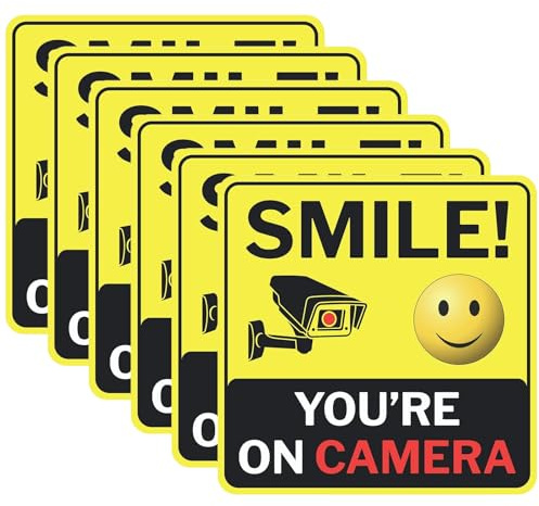 Lot de 6 panneaux d'avertissement autocollants « Smile You're on Camera » - 15 x 15 cm - Pour intérieur et extérieur - Résistant aux intempéries - Pour maison, magasin, bureau