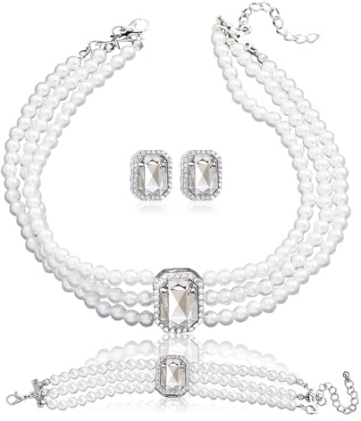 3 Pièces Ensemble de Bijoux Perles Femme, Collier Choker en Perles Cristal Bracelet Boucles d'Oreilles, Bijou Multi-Rangs avec Pendentif en Cristal Blanc, pour Femme, Mariée, Demoiselle d'Honneur