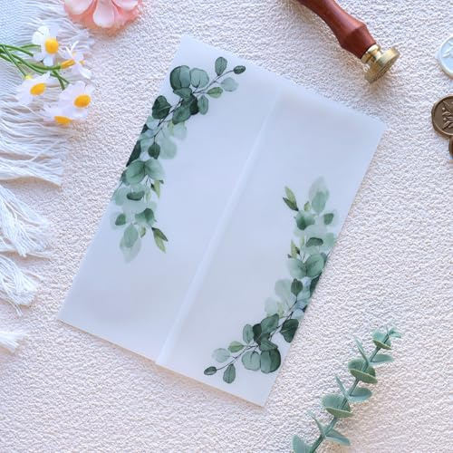 Hosmsua 50Pcs Vellum Jackets for 5x7 Invitations - 135GSM Greenery Eucalyptus Pattern Wedding Invitations Wraps - Vellum Paper 5x7 Jackets - Transparent Cards