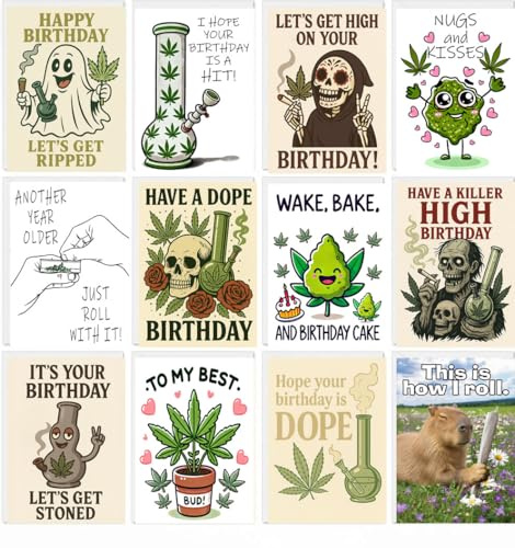 PICTURE THIS PRINTS Cannabis 12pk Funny Marijuana Greeting Cards, Assortment Stoner Birthday Cards, Marijuana Themed 420 Adult Humor Greeting, Joint Smoking Greeting, Comes with Envelope (5x7”)