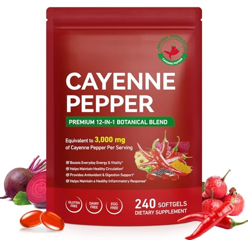 Cayenne Pepper Softgels 240 Capsules | 12-in-1 3000mg Botanical Blend with Hawthorn, Beetroot & Vitamins D3, K2, E | Supports Circulation, Leg Vein, Energy & Digestion | Vegan, Non-GMO