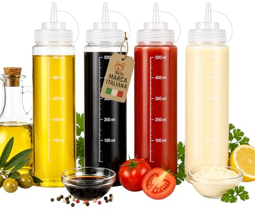 AKITAInk Set 4 Bottiglie Dosatrici Squeeze per Salse, Flaconi in Plastica da 500 ml o 800 ml per Ketchup, Olio e Condimenti (500 ml)