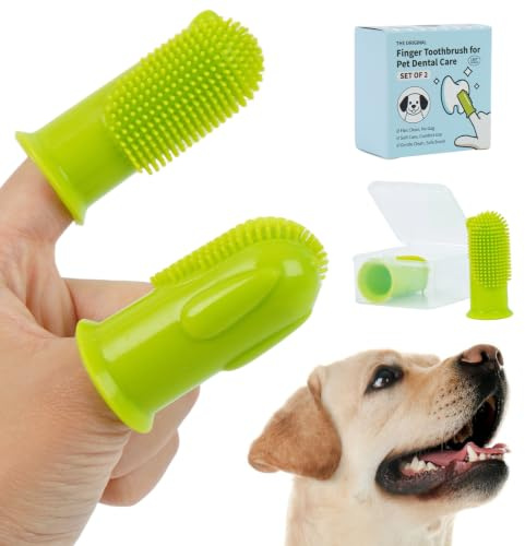 Juego de 2 cepillos de dientes para perros y gatos, cepillo de dientes de silicona para limpieza de dientes de perro, cerdas suaves de 180°, cuidado dental suave para mascotas con caja de