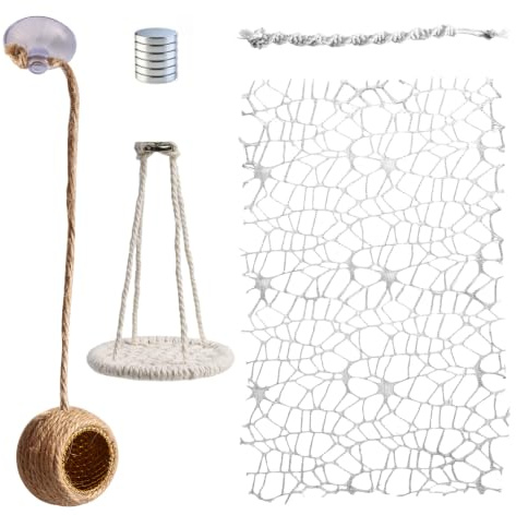 ASOFTY Lot de 17 accessoires magnétiques pour araignée, cachette d'araignée | Kit de décoration pour terrarium avec balançoire d'escalade à suspendre, 6 filets et corde de chanvre avec aimants
