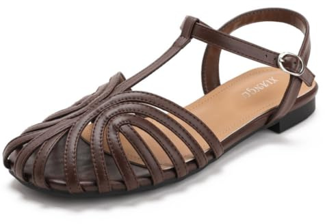 Sandalias Femeninas Cerradas de Punta Tejidas con Tira en T y Hebilla en el Tobillo, Estilo Retro de Pescador Plano,Café,42