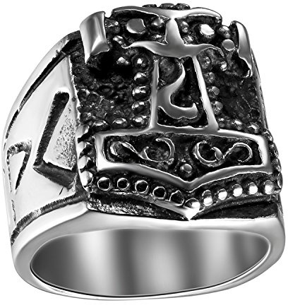 JewelryWe 316L ringar i rostfritt stål för män, silver, Tors hammare, män, retro, punk, bandring, män, smycken, Rostfritt stål, Kein Edelstein