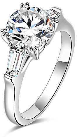 Sterling Silver 2 Carat CZ Baguette Round Solitaire Engagement Ring Bridal Wedding Jewelry