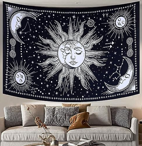 THE ART BOX Wandbild, Deko, für Schlafzimmer, Aesthetic, Wandteppich, Boheme, Raumdekoration, Wohnzimmer, 100% Baumwolle, Sonne, schwarz und weiß