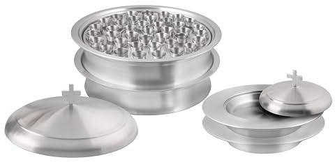 Mayur Exports Juego de utensilios de comunión – 2 bandejas para servir vino sagrado con una tapa y 2 platos de pan apilables con una tapa + 80 tazas, acero inoxidable, suministros de comunión para