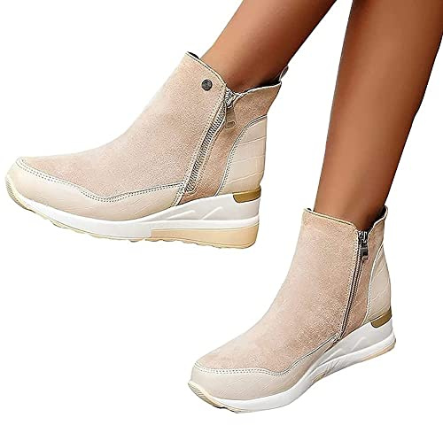 HOTRA Botas de Mujer Tacón Zapatos Deportivos Cuña Pegamento Suelas Calzado Deportivo Zapatillas con Botines de Ante con Plataforma Zapatos Botines con Cremallera (Color : Beige, Size : 38 EU)