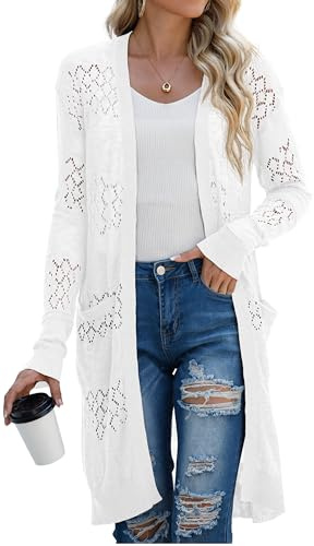 GRECERELLE Womens Lightweight Summer Long Cardigans Long Sleeve Casual Crochet Open-Front Sweater with Pockets, White, Large