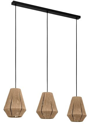 EGLO Pendelleuchte Esstisch Alderney, 3-flammige Hängelampe für Wohnzimmer und Esszimmer, Textil Esszimmerlampe aus Hanf in Natur und Metall in schwarz, Lampe hängend mit E27 Fassung