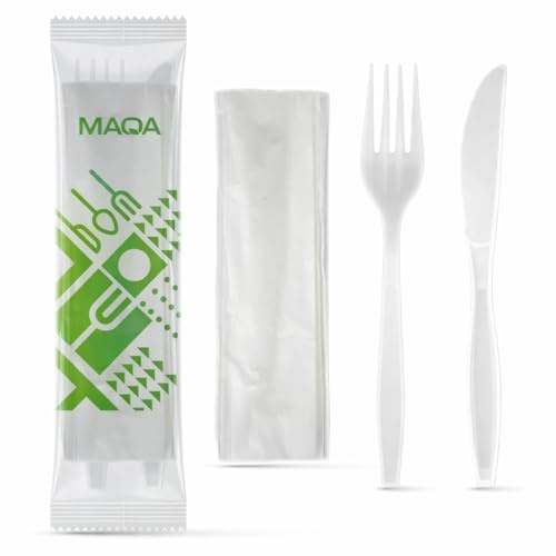 500 Set Posate Biodegradabili e Compostabili + Tovagliolo - Forchetta e Coltello Imbustati Singolarmente – Resistenti per Cibi Caldi fino a 70°C – Ideali Come Posate Da Viaggio, Eventi, Ristorazione