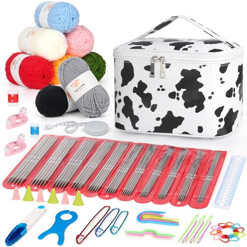 Aeelike Stricknadeln Set mit Strickzubehör und Tasche, 104 Stück Strickset für Anfänger, 2,0 mm - 6,5 mm Doppelspitz Gerade Nadelspiel Set 20 cm, Dauerhaft Edelstahl Stricknadeln für Socken, Schals