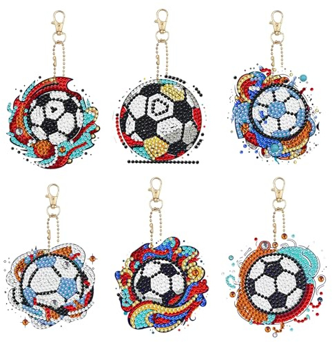 aupawdy 6 Pezzi DIY Calcio Pittura DiamantePortachiavi Set di Mosaico a Diamante Portachiavi Diamond Painting Portachiavi Doppia Faccia Painting Kit Portachiavi per Decorazione Zaino Borsa Borsetta