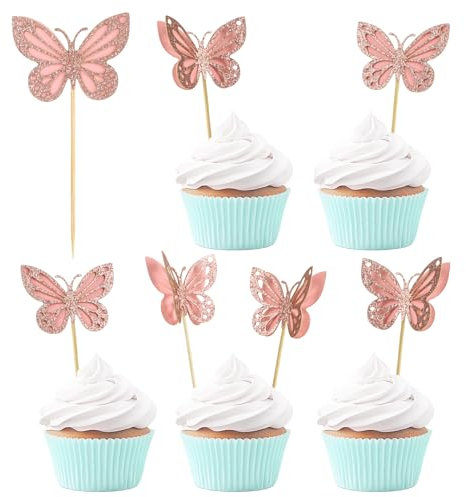 48 Stück Schmetterlings Cupcake Topper Rosa 3D Schmetterlings Tortendeko Damen Mädchen Geburtstagskuchen Cupcake Deko DIY für Valentinstag Hochzeit Geburtstag Party Jahrestag Babyparty