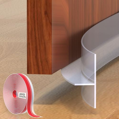 T Shaped Draft Excluder Door Seal Strip 1.37 x 480 Inch Insulation Tape Draught Stopper Clear Silicone Self Adhesive Inserts Door Sweep Edge Wind Heat Cold Blocker Soundproof(Clear, 1.37 in x 40 Ft)