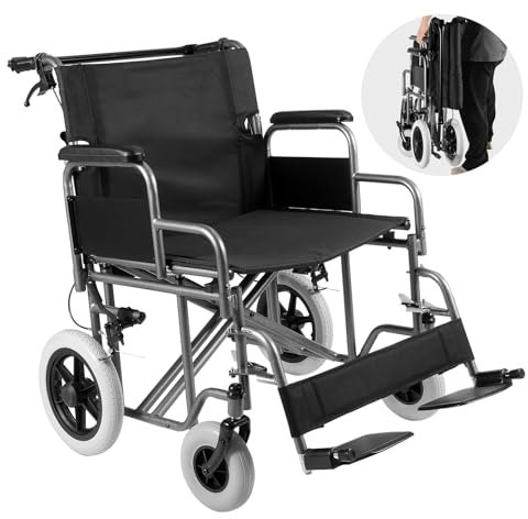 VEVOR Fauteuil roulant acier au carbone, chaise de transport pliable avec accoudoir amovible, frein autobloquant, siège large 60 cm, capacité de charge 136 kg, pour personnes handicapées âgées adultes