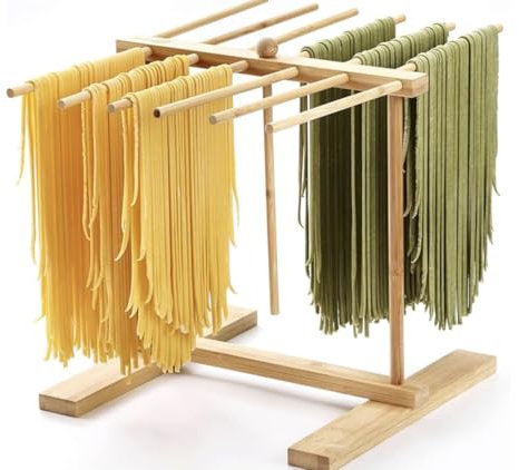 Bamboo Pasta Drying Rack with Transfer Wand and 12 Bars, Easy to Transfer for Drying Pasta Design for Large Storage Homemade Fresh Spaghetti Stand Dryer Noodle Hanger for KitchenArms, Stable