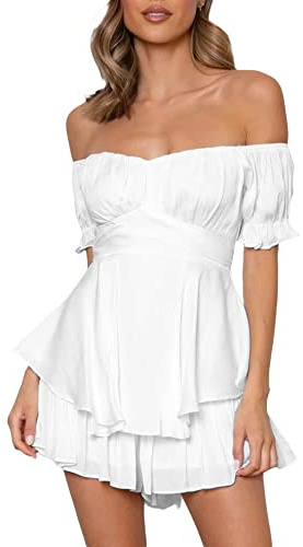 ensswliz Vestito da donna con maniche a sbuffo e scollo quadrato, con spalle scoperte, pantaloncini con volant e punto smock a strati fluida una linea mini abito da spiaggia swing prendisole, bianco