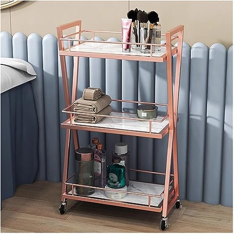 Carrello di bellezza da salone su ruote con carrello in metallo, organizer per trucchi e spa, con 3 ripiani, per strumenti manicure e stoccaggio, carrello rosa con ruote