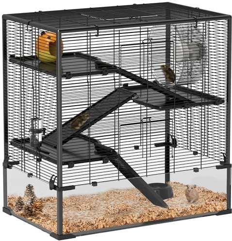 PawHut Hamster Cage with 23 cm Tempered Glass Bottom, 4 Tier Large Hamster Tank with Hut, Running Wheel, Platforms, Ramps, Food Dish, Water Bottle, for Syrian, Dwarf, Rats, Gerbils, 78.5 x 48.5 x 80cm