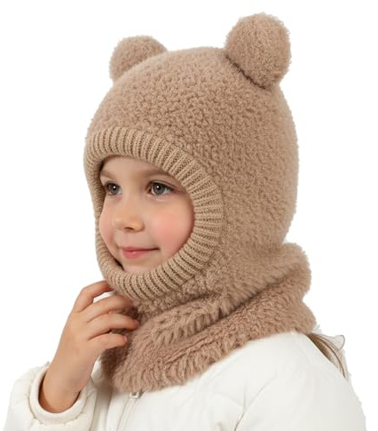 AYPOW Bonnet Cagoule Enfant d'Hiver pour Bébé de 4 à 8 Ans, Tricot Chaud Ensemble Chapeau Écharpe Oreilles avec Pompon, Thermique Coupe-Vent Chapeaux Tout-Petits Garcon Fille Masque Doublé en Polaire