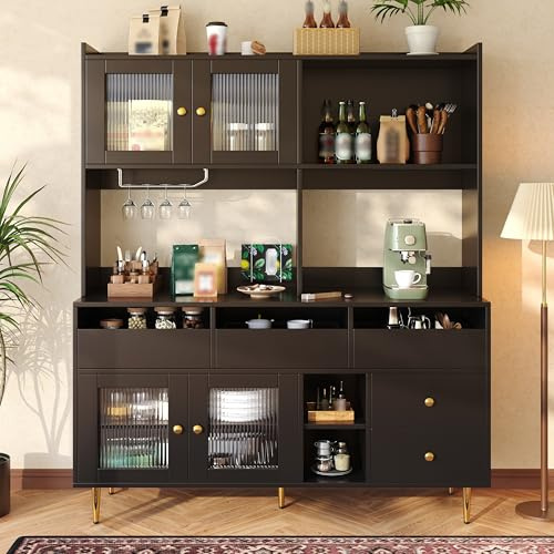 Lumivortex Armadio a buffet, nero, da cucina con piano di lavoro, 145 x 39 x 171 cm, armadietto da cucina con porta in vetro, scaffale per bicchieri da vino, spazio multistrato, colore: nero