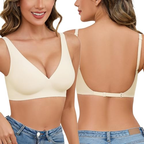 Niwicee Reggiseno Schiena Scoperta Invisibile Reggiseni Senza Ferretto Push Up V Profonda Reggiseno Multiway Bretelle Convertibili con Morbida Imbottiture (Bianco Sporco, L)