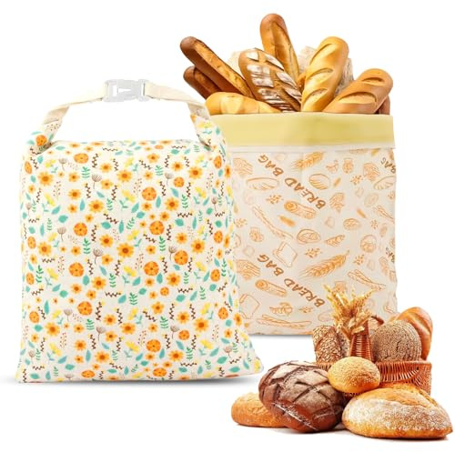 2 Bolsas para pan reutilizables de cera de abeja 43×33 cm, Bolsa para Pan con Revestimiento natural de cera de abeja, Bolsa de algodón para Guardar Pan y Productos de panadería
