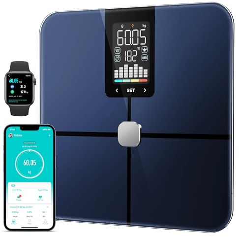 Tychesy Balance Pèse Personne Connectée avec Application, Impédancemètre 4 Électrodes, Écran Tendance 7 Jours, 10+ Mesures Corporelles : IMC, Masse Graisseuse, Muscle, Haute Précision, 24 Utilisateurs
