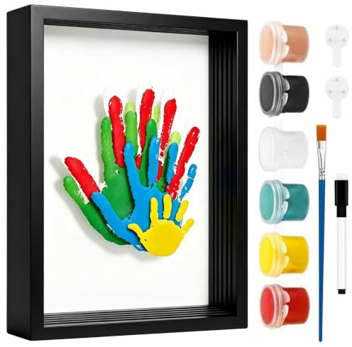Family Handprint Art Kit with 4 Openings, Wooden DIY Keepsake Frame with Clear Acrylic Panel, Paint Set Personalised Memory Gift for New Parents, Mother's Day, Father's Day, Birthday, Home Decor