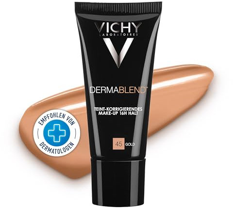 Vichy Dermablend, Teint-korrigierendes Make-up, Foundation bei empfindlicher und unreiner Haut, Ohne Maskeneffekt, Parfümfrei, Farbton: 45 gold, 30 ml