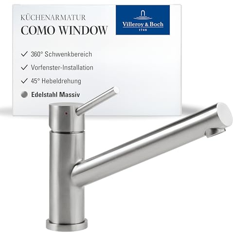 Villeroy & Boch Como Window robinetterie de cuisine haute pression avec plage de pivot. 360°, hauteur du bec 135 mm, pour installation devant une fenêtre, commande par poignée précise, Acier inoxyd.