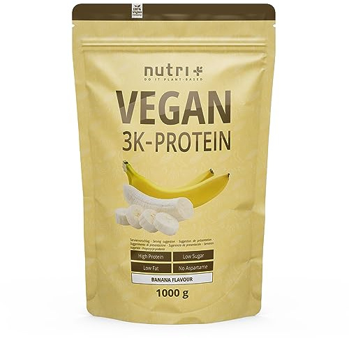 Nutri + Protein Pulver Vegan Banane 1kg - 84,1% pflanzliches Eiweiß - 3k Proteinpulver - Veganes Eiweißpulver ohne Laktose, Gluten & Milcheiweiß