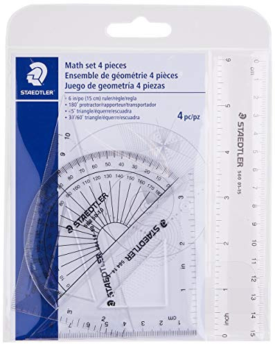 STAEDTLER Math Set - 4 pc Geometry Kit for Students - School Supplies with Clear Protractor, 6in Ruler & 2 Triangles – Metric & Imperial Scales