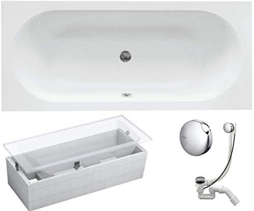 VBChome Badewanne 160x75 cm Acryl SET 3in1 Wannenträger Siphon Wanne Rechteck Weiß Design Modern Styroporträger Ablaufgarnitur in Chrom Viega Simplex für 2 Personen (160x75 cm)