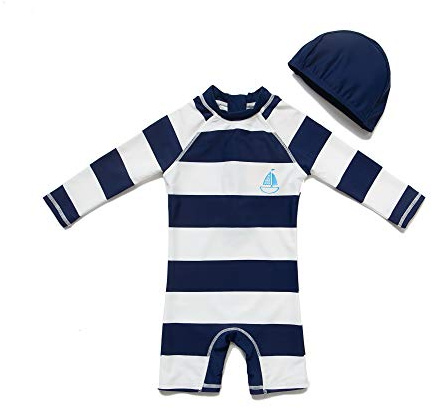 BONVERANO Traje de baño para bebé niño Trajes de baño de una Pieza de Manga Larga Protección UV 50+ Trajes de baño con Cremallera(Negro-Blanco,12-18meses
