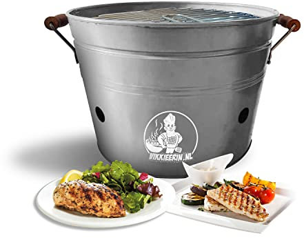 Vikkieerin - Barbecue de table au charbon de bois - Grand barbecue rond - Portable - Compact et léger - Style rétro - Gris - Ø 38 cm