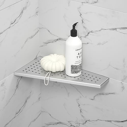 Bernkot Étagère d'angle de douche en acier inoxydable 304 sans perçage pour salle de bain - Support de shampooing - Trou carré trapézoïdal - 305 x 155 mm