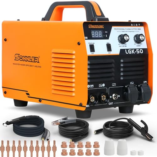 SONNLER Cortador de plasma de 50 A, inversor digital de 220 V, máquina cortadora de plasma IGBT con compresor de aire integrado, corte limpio de 1/3 pulgadas con retardo de gas