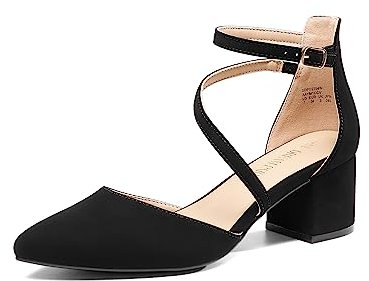 DREAM PAIRS Women's Closed Pointed Toe Low Chunky Heels Pumps Ankle Strap Wedding Business Dressy Shoes SDPU2354W,Size 5.5,Black-Nubuck,SDPU2354W