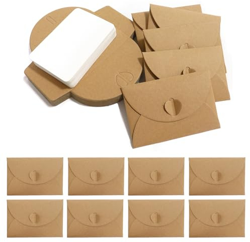 LUBOXIN 50 stycken minikuvert med 50 stycken tomma kort, små kuvert vintage minikraftpapperskuvert med hjärtstängning för presentkort, gör-det-själv tackkort, festinbjudan