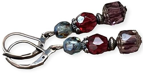 Vintage Ohrringe mit böhmischen Cathedral Glasperlen - aubergine, fuchsia, light sapphire travertin & kupfer