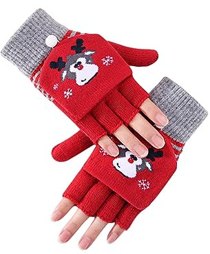 URFEDA Guantes de medio dedo para niños, guantes de invierno cálidos para niñas y niños, guantes de invierno para niñas y niños, con dibujos animados de Navidad, guantes de dedos sin dedos, con tapa