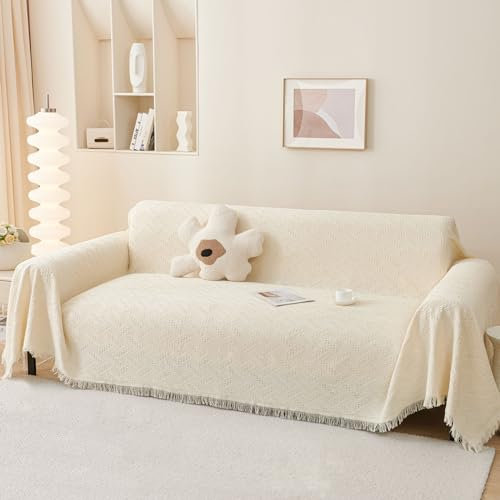 LHGOGO Sofaüberwurf Decke mit Fransen - 180x300cm Doppelseitig Überwurf Sofa 3 Sitzer Gewebtes Muster Decke als Couch Überwurf, Sofa Überzug, Sofadecke - Creme